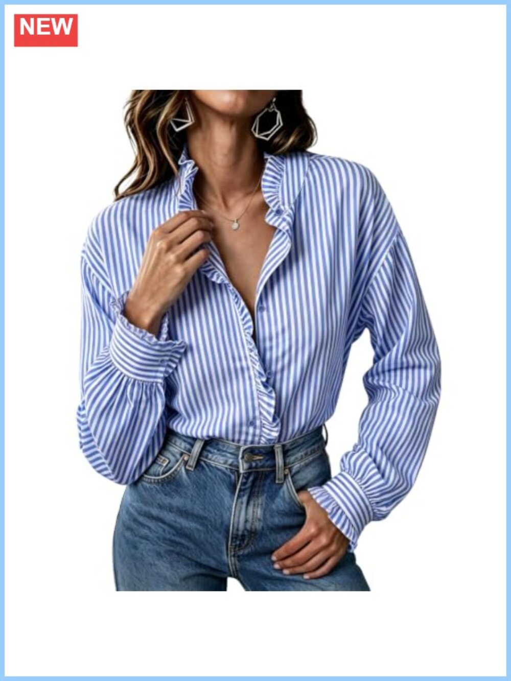 Women's Plaid Button Down Long Sleeve Smocked Cuff Ruffle Collar Blouse